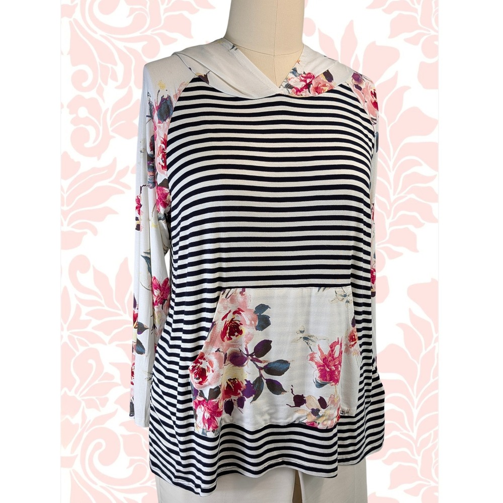 1 Clique Women's 2X Lightweight Striped Floral Hoodie‎ Pullover Top Made in USA